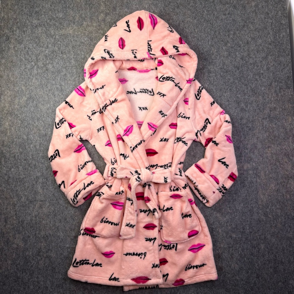 Betsey Johnson Robe Womens Sz M Pink Lotta Love Lips Plush Hooded Short Pockets